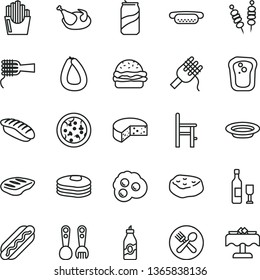 thin line vector icon set - a chair for feeding vector, plastic fork spoons, stick of sausage, cheese, fried vegetables on sticks, pizza, Hot Dog, mini, burger, spaghetti, noodles, plate, chicken