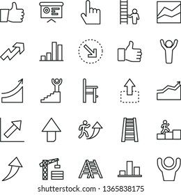 thin line vector icon set - upward direction vector, growth up, line chart, a chair for feeding, tower crane, stepladder, ladder, index finger, thumb, move, right bottom arrow, bar, financial report