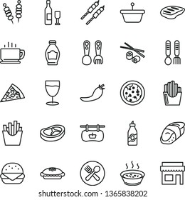 thin line vector icon set - plastic fork spoons vector, iron, coffee, fried vegetables on sticks, pizza, piece of, big burger, pie, porridge in a saucepan, bacon, chop, barbecue, French fries, sushi