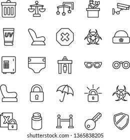 thin line vector icon set - mark of injury vector, scales, toys over the cot, diaper, powder, Baby chair, car child seat, warm hat, dust bin, lock, umbrella, encrypting, glasses, biohazard, uv cream