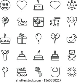 thin line vector icon set - heart symbol vector, toys over the cradle, bib, rubber duck, baby duckling, teddy bear, children's train, colored air balloons, balloon, cake, birthday, gift, torte, sun