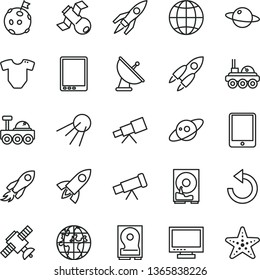 thin line vector icon set - monitor vector, counterclockwise, t short, earth, artificial satellite, planet, space rocket, tablet pc, hdd, telescope, antenna, saturn, lunar rover, flag on moon