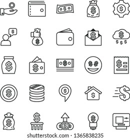thin line vector icon set - purse vector, dollar, column of coins, article on the, catch a coin, wallet, money, dollars, cash, bag hand, rain, mortgage, gear, idea, eyes, growth, mail, dialog, pin