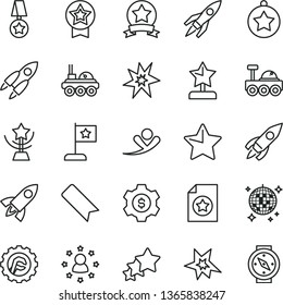 thin line vector icon set - bookmark vector, star gear, rocket, lunar rover, bang, cup, reward, medal, flag, ribbon, certificate, dollar, stars around man, three, flying, disco ball, compass