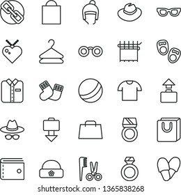 thin line vector icon set - paper bag vector, purse, spectacles, hat, with glasses, bath ball, accessories for a hairstyle, warm socks, shoes little children, winter, handles, T shirt, folded, hand
