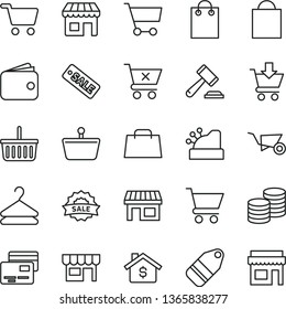 thin line vector icon set - paper bag vector, grocery basket, hammer of a judge, building trolley, cart, put in, crossed, cards, kiosk, coins, hanger, label, stall, shopping, wallet, hand, cashbox