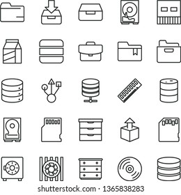 thin line vector icon set - folder vector, bookmark, storage unit, chest of drawers, CD, big data, server, suitcase, put in a box, drawer, strongbox, package, unpacking, barrel, radiator fan, memory