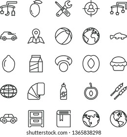 thin line vector icon set - sign of the planet vector, book, toys over cradle, cot, baby bath ball, motor vehicle, small tools, sample colour, map, nightstand, package, cake, barbecue, fish, liquor
