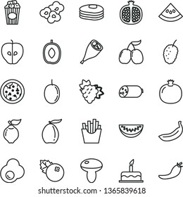 thin line vector icon set - cake vector, sausage, pizza, mushroom, grill chicken leg, French fries, popcorn, cup of, fried egg, blueberries, pancakes, pomegranate, half, branch grape, quince, loquat