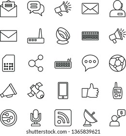 thin line vector icon set - desktop microphone vector, envelope, horn, rss feed, toy mobile phone, received letter, speech, thumb up, smartphone, SIM, connection, loudspeaker, dispatcher, keyboard