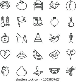 thin line vector icon set - stacking toy vector, children's sand set, plastic fork spoons, baby train, small yule, colored air balloons, concrete mixer, broken heart, flag, tomato, chili, popcorn