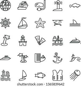 Thin Line Vector Icon Set - Anchor Vector, Small Fish, Sea Port, Commercial Seaport, Coastal Lighthouse, Planet, Sand Castle, Sail Boat, Hotel, Beach, Palm Tree, Starfish, Flippers, Diving Mask