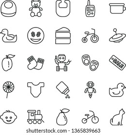 thin line vector icon set - baby powder vector, bib, Child T shirt, rubber duck, duckling, warm socks, toy mobile phone, children's potty, teddy bear, hairdo, train, yule, bicycle, tricycle, pear