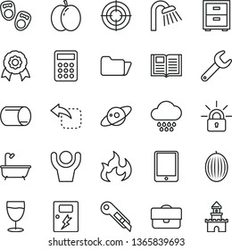 thin line vector icon set - bedside table vector, cloud, shoes for little children, bath, shower, dangers, stationery knife, book, move left, glass, apple, melon, pipe, repair key, portfolio, folder