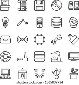 thin line vector icon set - putty knife vector, CD, screen, drawer, factory, bulb, welding, research article, notebook pc, fan, tower, cpu, usb, router, speaker, floppy, wireless, big data, repair