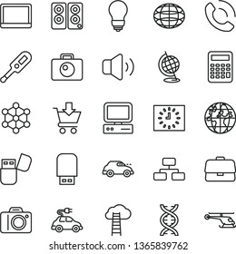 thin line vector icon set - camera vector, electronic thermometer e, bulb, flowchart, volume, put in cart, phone call, electric car, retro, briefcase, globe, planet, black clock, computer, usb flash