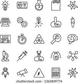 thin line vector icon set - round flask vector, mercury thermometer, sd card, microscope, telescope, molecule, electricity, nuclear, bulb, brain, gears, bactery, oscilloscope, scientist, calculator