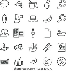 thin line vector icon set - women vector, measuring cup for feeding, children's bathroom, sand set, small yule, garden trolley, city block, left bottom arrow, speech, bacon, barbecue, bottle of soda