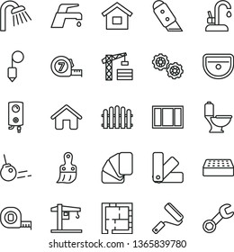thin line vector icon set - crane vector, tower, house, dwelling, gears, window frame, measuring tape, long meashuring, new roller, color samples, sample of colour, plastic brush, sink, toilet, core