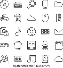 thin line vector icon set - keyboard vector, encrypting, mouse, pc tower, cpu, gpu card, web camera, hdd, usb, cd, printer, scanner, flash, folder, trash bin, projector, magnifier, note, chair, sd