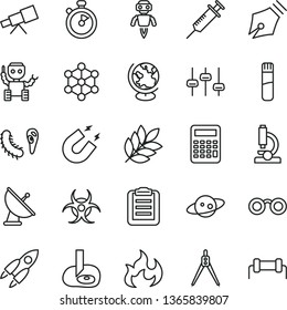 thin line vector icon set - test tube vector, microscope, telescope, glasses, settings, bactery, biohazard, globe, magnet, flame, clipboard, calculator, drawing compass, artifical insimination