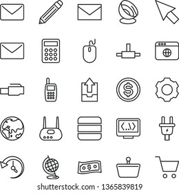 thin line vector icon set - envelope vector, graphite pencil, upload archive data, planet, electric plug, shopping basket, dollar, mobile phone, calculator, mouse, router, browser, connect, coding