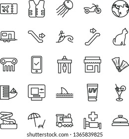 thin line vector icon set - earth vector, train, camper, motorcycle, escalator, security gate, plane ticket, phone registration, atm, hotel, arnchair under umbrella, uv cream, cocktail, aquapark