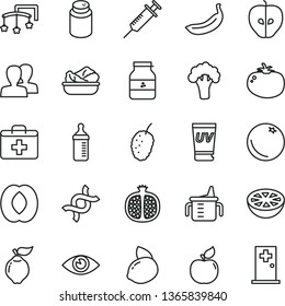 thin line vector icon set - women vector, first aid kit, toys over the cot, measuring cup for feeding, bottle, powder, eye, lettuce in a plate, tomato, jar of jam, orange, half pomegranate, quince