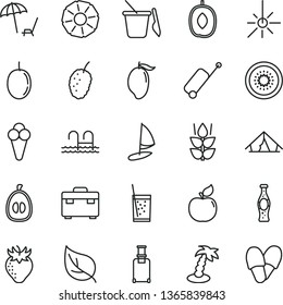 thin line vector icon set - children's sand set vector, suitcase, a glass of soda, bottle, cone, mint, apricot, strawberry, tasty mulberry, mango, delicious plum, half loquat, passion fruit, kiwi