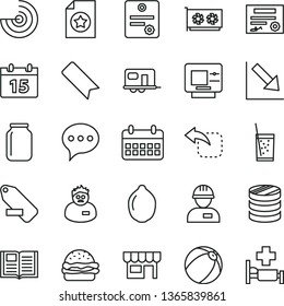 thin line vector icon set - bookmark vector, remove label, negative chart, baby bath ball, workman, calendar, speech, book, kiosk, move left, burger, a glass of soda, lime, jar, column coins, radar