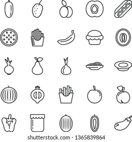 thin line vector icon set - Hot Dog vector, slices of onion, cake, a plate milk, peper, beet, French fries, fried potato, jam, apple, pear, peach, half apricot, medlar, tasty mulberry, melon, water