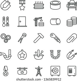 thin line vector icon set - clip vector, iron fork spoons, tower crane, concrete mixer, adjustable wrench, sewerage, ntrance door, stationery knife, hammer, strongbox, coins, canned goods, magnet