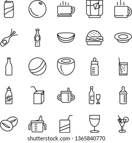 thin line vector icon set - mug for feeding vector, measuring cup, bottle, bath ball, e, packing of juice with a straw, coffee, burger, plate milk, beans, tea, glass soda, can, orange, liquor, half
