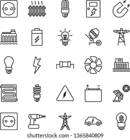 thin line vector icon set - concrete mixer vector, cordless drill, power socket type f, lightning, dangers, heating coil, charging battery, big solar panel, accumulator, light bulb, hydroelectricity