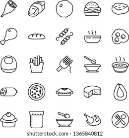 thin line vector icon set - baby bib vector, deep plate with a spoon, plates and spoons, sausage, stick of, cheese, loaf, pizza, burger, spaghetti, muffin, pie, porridge in saucepan, hot, chicken