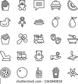 thin line vector icon set - image of thought vector, baby rattle, car child seat, duckling, toy mobile phone, deep plate with a spoon, teddy bear, small, train, children's, yule, pizza, onion, lemon