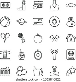 thin line vector icon set - baby bath ball vector, toy mobile phone, children's sand set, colored air balloons, passport, planet, move down, small fish, plum, blueberries, delicious, tasty, schedule