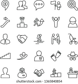 thin line vector icon set - zoom vector, woman, women, hat with glasses, summer stroller, children's tracks, employee, speech, racer, hand shake, handclasp, scientist, winner podium, man arrow up