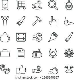 thin line vector icon set - cargo trolley vector, scribbled paper, magnifier, dollar, chest of drawers, measuring cup for feeding, small rocking horse, shoes little children, big core, hand saw, arm