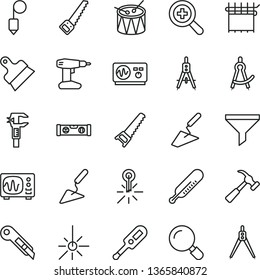 thin line vector icon set - zoom vector, electronic thermometer e, mercury, drum, trowel, building, drill, hand saw, arm, level, plummet, putty knife, stationery, hammer with claw, magnifier, filter