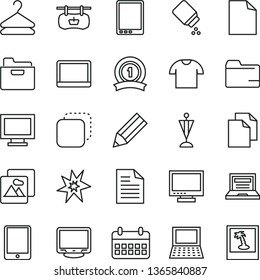 thin line vector icon set - laptop vector, monitor, window, clean sheet of paper, scribbled, folder, baby powder, picture, T shirt, hanger, copy, antique advertising signboard, pencil, calendar