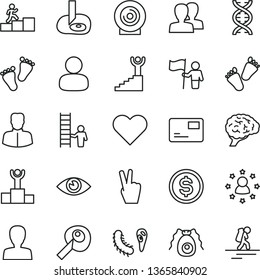 thin line vector icon set - woman vector, women, footprints, children's tracks, heart, eye, pass card, lens, man, dollar, dna, brain, bactery, artifical insimination, winner podium, carrer stairway