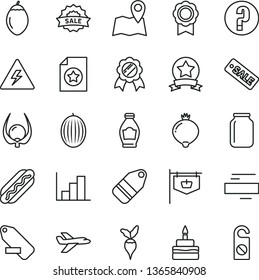 thin line vector icon set - danger of electricity vector, minus, remove label, negative histogram, question, Hot Dog, birthday cake, bottle, medlar, melon, tamarillo, physalis, radish, jar, medal