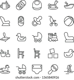 thin line vector icon set - dummy vector, mug for feeding, diaper, baby bib, beanbag, chair, car child seat, stroller, carriage, summer, rubber duck, duckling, bath ball, children's bathroom, a
