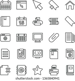 thin line vector icon set - monitor window vector, add bookmark, book, books, home, calendar, star, notebook, address, delete page, clip, statistical report, scientific publication, wall, newspaper