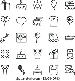 thin line vector icon set - heart symbol vector, toys over the cradle, bib, teddy bear, baby toy train, children's, colored air balloons, balloon, cake, gift, Easter, slice, torte, birthday, giftbox