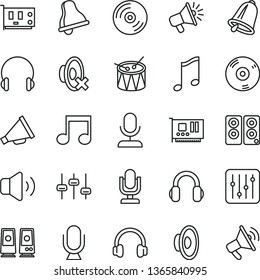 thin line vector icon set - bell vector, desktop microphone, horn, loudspeaker, silent mode, drum, headphones, music, CD, regulator, volume, pc card, speaker, note, settings