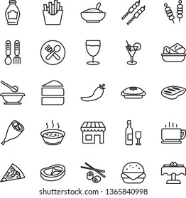 thin line vector icon set - plates and spoons vector, iron fork, coffee, fried vegetables on sticks, piece of pizza, big burger, cake, pie, a bowl rice porridge, in saucepan, lettuce plate, bacon