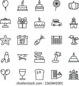 thin line vector icon set - daily calendar vector, colored air balloons, balloon, cake, birthday, Easter, torte, lollipop, glass, pumpkin, wall, gift, sand castle, champagne, car baggage, passenger