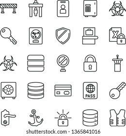 thin line vector icon set - prohibition vector, door knob, road fence, lock, key, anchor, passport, big data, strongbox, reverse side of a bank card, encrypting, biohazard, airport tower, access